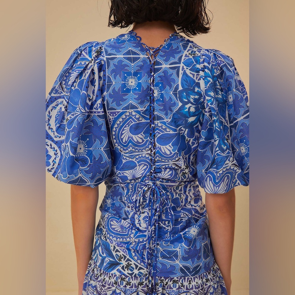 Farm Rio L Blue Tile Dream Short Sleeve Mini Dress - Picture 3 of 12